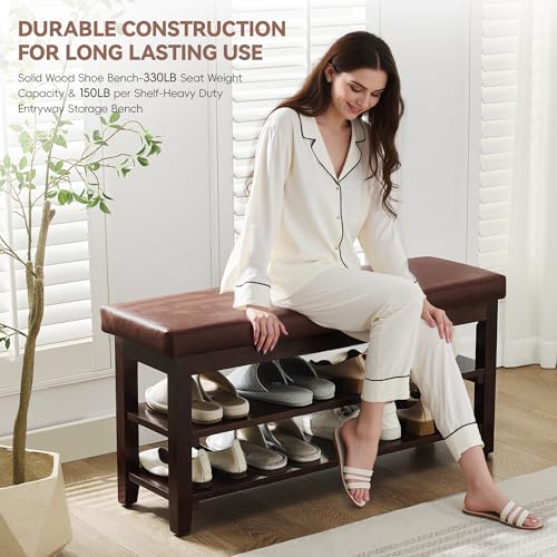 40" Shoe Bench with Leather Cushion, 2-Tier Shoe Rack Entryway Bench, Wood Bench for Front Door Entrance, Mudroom, Hallway, Wooden Shoe Shelves, Shoe Organizer, Shoe Storage, Brown - color: Brown
