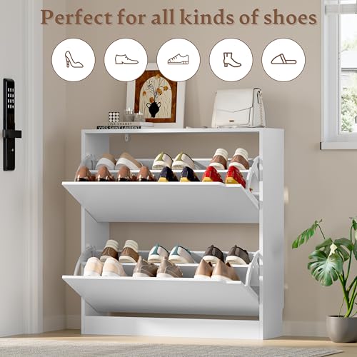 BORNOON Shoe Cabinet with 2 Flip Drawers, Slim Narrow Shoe Storage Cabinet, Freestanding Shoe Organizer with Adjustable & Removable Shelves, Top Display Shelf for Entryway, Hallway, Foyer, Closet - color: White, size: 2-Drawer