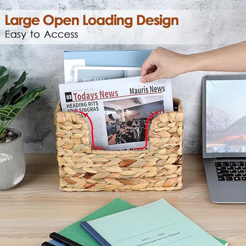 BTSKY Woven Hanging Magazine Holder, Water Hyacinth Magazine Basket, Wall Mounted Storage Basket for Books & Files, Wall File Organizer Magazine Rack with Handle for Home & Office - 11.8x4.3x7.9 Inch