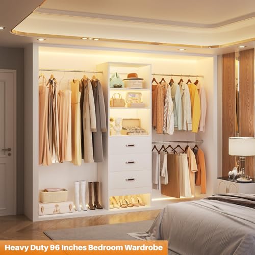 Homieasy 96 Inches Closet Organizer System, 8FT Customizable Walk In Closet Organizer with Hanging Rods, 3 Drawers Garment Rack with Leather Handle , 96" L x 16" W x 75" H, Max Load 1000 LBS, White - color: White