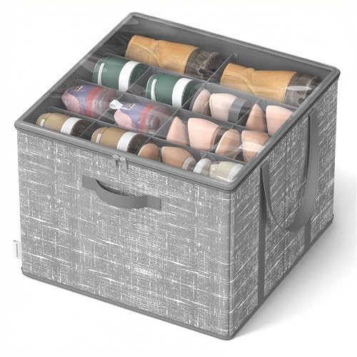 SONGMICS Shoe Organizer for Closet, Shoe Storage Box with Clear Lid, Foldable Fabric Bins, Holds 16 Pairs, Reinforced Handles, 16.5 x 16.5 x 12.5 Inches, Cattail Gray ULSP601G01 - color: Cattail Gray, size: 1 Pack