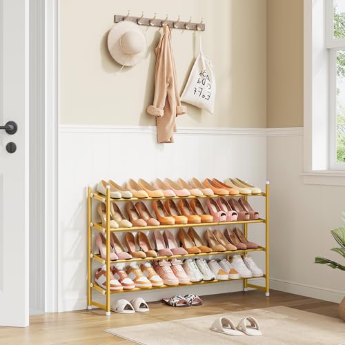 Tajsoon Expandable Shoe Rack for Closet 4 Tier, 29“-41“Adjustable & Stackable Shoe Shelf Storage, Metal Shoe Rack Organizer for Front Door Entrance, Closet, Garage, Entryway, Gold - color: Gold, size: 4 Tier