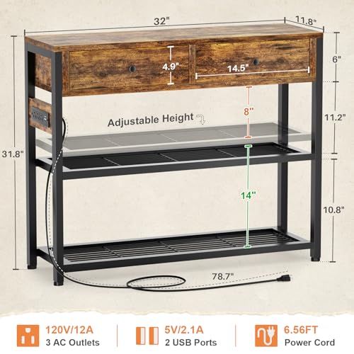 Ecoprsio Entryway Table with Outlets and USB Ports, Console Table with 2 Drawers, Small Sofa Table with Storage Shelves for Living Room, Couch, Hallway, Foyer, Kitchen Counter, 32'', Rustic - color: Rustic Brown, size: 32-In