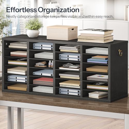 HOOBRO Literature Organizers, 24 Compartments Office Mailbox with Adjustable Shelves, Wood Countertop Literature Sorter for Office, Home, Classroom, Mailrooms Organization Black BK64WF01 - color: Black, size: 37.4"L