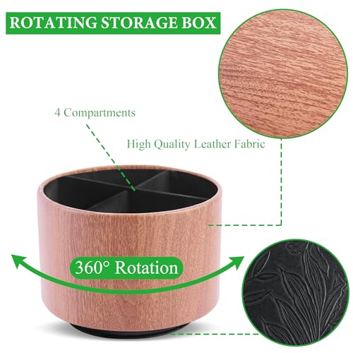 Round Leather Art Supply Organizer,Remote Control Holder,360 Degree Spinning,Multi-Functional Pencil Holder,4 Compartments Desktop Stationary Organizer(1-Thin Wood Ligh Brown) - color: 1-Thin Wood Ligh Brown