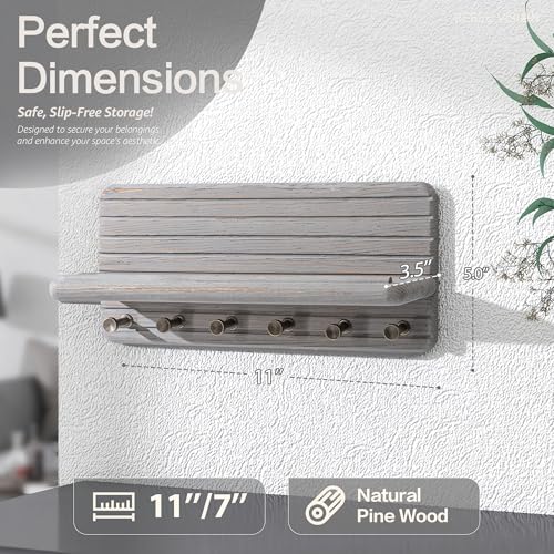 Rebee Vision Pine Wood Key Holder Wall Mount for Room Decor Aesthetic – Wooden Key Holder for Wall with 6 Hooks & Floating Shelf - Farmhouse Home Organization Accent (Distressed Gray) - color: Distressed Gray, size: Medium-11inch