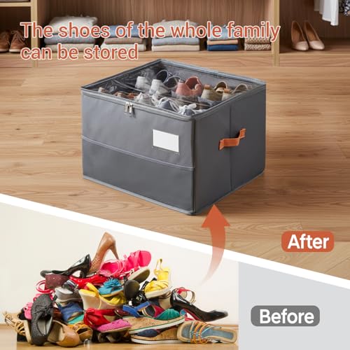 Shoe Organizer for Closet, Foldable Shoe Storage Organizer Containers with Clear Cover, Space Saving Shoes Holder with Handles, Gray (1, Large) - color: Grey-1pcs Large