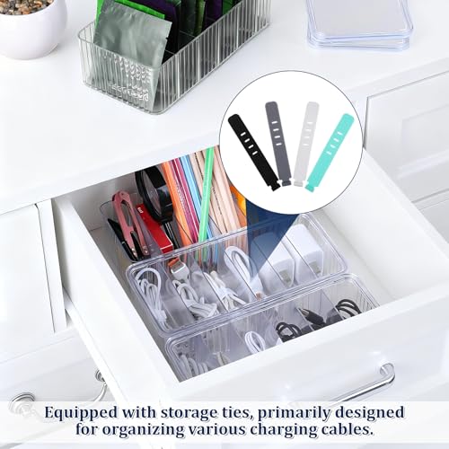 4 Pcs Cable Organizer Box, Clear Plastic Cord Storage Organizer with 40 Wire Ties Charging Cord Storage Organizers with Lid for Home Office Desk Drawer Organizers and Accessories