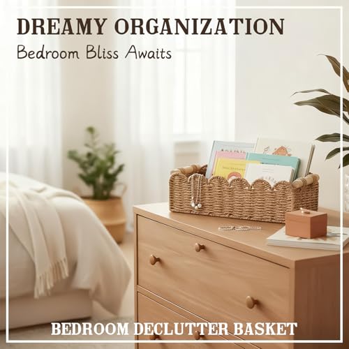 Upgraded Paper Rope Scalloped Edge Toilet Paper Storage Basket, Small Living Room, Bedroom Decor Baskets for Over Toilet Storage Shelf, End Table, Shelves and More, with 2 Wooden Handle (Neutral) - color: Neutral