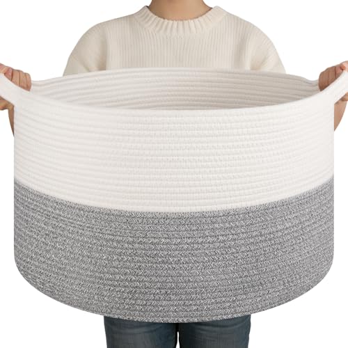OIAHOMY Large Blanket Basket for Living Room, 19.7" x 12.6" Woven Cotton Rope Laundry Basket for Organizing Pillows, Decorative Stuffed Animal Toy Storage Bin for Nursery, White and Light Grey - color: White and Light Grey, size: 19.7"D x 12.6"H
