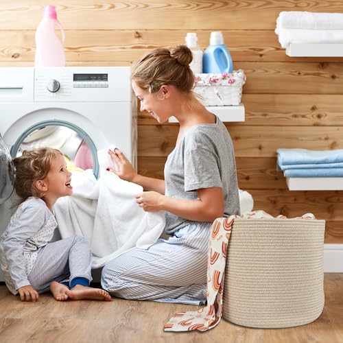 XUANGUO Cotton Rope Basket For Girls Boys Kids 16”X14” Baby Laundry Basket Nursery Bin Round Woven Baskets Organizer For Storage Toys Blankets Shoes Clothes oatmeal - color: oatmeal