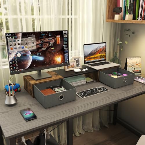 WESTREE Dual Monitor Stand Riser with Two Drawers, Extra Large Storage for 2 Monitors, Desktop Oraganizer Computer,Laptop,Screen,Printer,TV - color: Rustic Brown