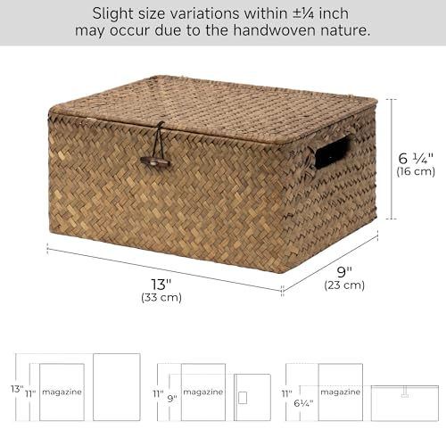 StorageWorks Wicker Baskets with Lid for Organizing, Seagrass Storage Baskets for Shelves, Decorative Box with Built-in Handles, Brown, Medium, 1 Pack - color: Brown(Seagrass), size: 13"L × 9"W × 6 ¼"H
