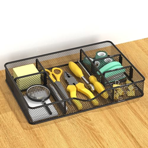 VyGrow Desk Drawer Organizer Tray, Metal Mesh Drawer Organizers Office, 6 Adjustable Compartment, Desk Organizer Tray for Home Office 12.87L x 8.73D x 1.96H inch, Black, 1PC Medium - color: 1PC Medium