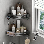 VOLPONE Corner Shower Caddy with Razor Holder Adhesive Shower Shelf Corner No Drilling (adhesive mounting, no suction cup) Bathroom Shower Organizer Storage Rack (2-Pack, Black) - style: Without Suction Cup Triangle with Hooks 2 Tier Black