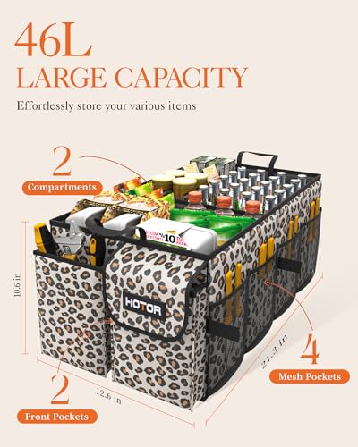HOTOR Trunk Organizer - Car Organizer, Foldable Trunk organizer for SUVs & Sedans, Sturdy Car Organization for Car Accessories, Tools, Sundries, Brown Leopard, 2 Compartments, 21.3"×12.6"×10.6" - color: Brown Leopard, size: Medium (2 Compartments)