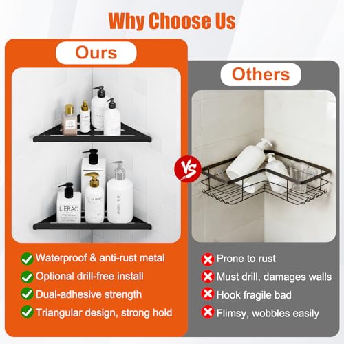 Fikoksol Shower Caddy, 4 Pack Bathroom Corner Shelf, Triangle Shelf Storage for Bathroom Shower, Black Metal Shower Shelf & Rustproof Wall Mounted Adheisve Glue Organizer Accessories and Essentials - color: Black, 4pc