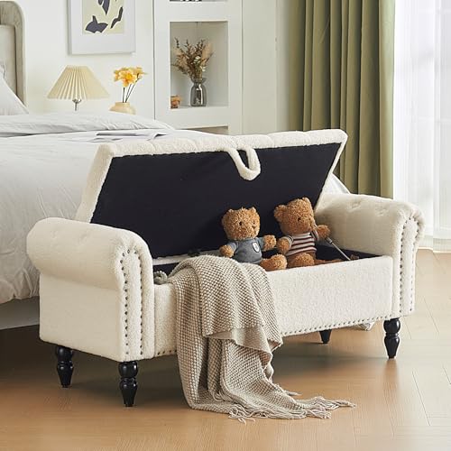 Furnimart Storage Ottoman Bench for Queen Size Bed, Faux Fur Upholstered Storage Bench Accent Bench with Rolled Arms for Bedroom,Living Room, Entryway, 2.5Cubic Feet - color: Faux Fur White