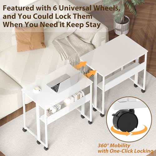Folding Desk Small Rolling Desk with Storage Shelf,31.5 Inch Foldable Computer Table with Wheels,Portable Office Desk for Small Space Sofa Table,Easy to Fold,Writing Work Office Computer Desk,White - color: 31.5" White