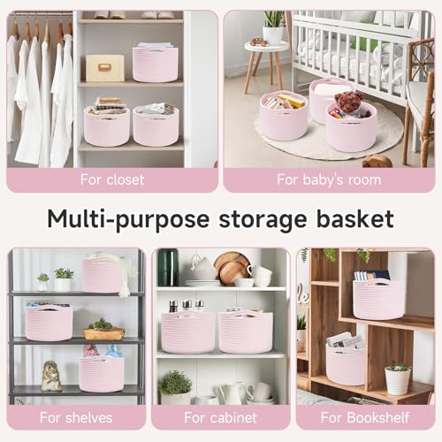Small Rope Baskets for Storage, Baskets for Gifts Empty, Cute Round Woven Basket, Decorative Shelf Baskets 9.82×9.82×7.1", Cotton Toy Basket Storage Bins for Organizer 3 Packs-Pink - color: Pink-3PCS