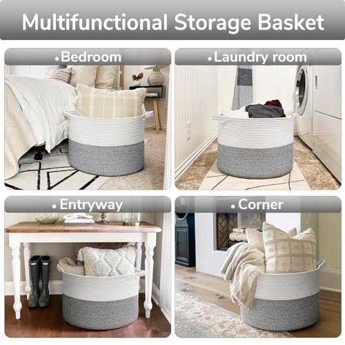 Goodpick Extra Large Rope Basket, 83L Blanket Basket Living Room, Baby Toy Storage, Woven Storage for Clothes, Big Toy Bin for Kids Organizer, 21.7 x 13.8 inches - color: Light Grey, size: 21.7x21.7x13.8 Inch (Pack of 1)