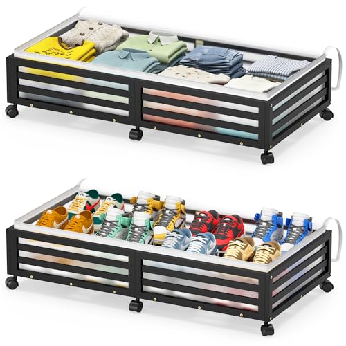 Under Bed Storage Containers With Wheels - 2 Pcs Large Bamboo Wood Rolling Underbed Shoe Storage Bins With Dust Bags for Clothes Blankets, Duvet Covers Snacks Toys (Black) - color: Black, size: L
