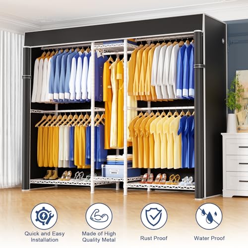 Ulif E12C Pro Heavy Duty Closet Organizer System，Freestanding Clothing Racks for Hanging Clothes，Adjustable Garment Rack 71"W x 16"D x 76.5"H Hold 960lbs，White Clothing Rack with Black Dustproof Cover - color: White Rack With Black Cover, size: E12C Pro