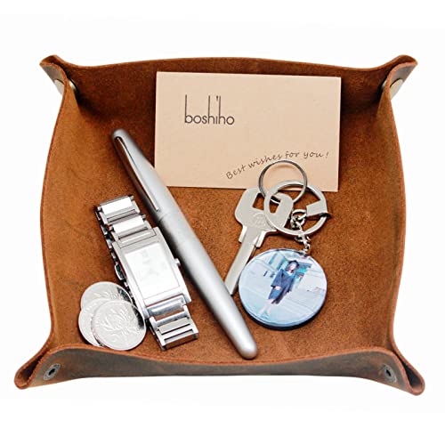 boshiho Valet Tray for Men, Leather Jewelry Catchall Key Phone Coin Box Change Caddy Bedside Storage Box (Crazy Horse Leather - Dark Brown) - color: Crazy Horse Leather - Dark Brown