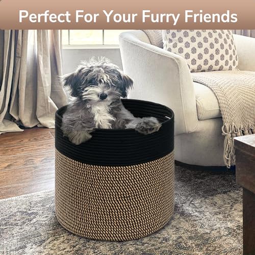 Goodpick Woven Rope Storage Basket, Blanket Basket for Towel, Shoe, Clothes, Large Toy Storage for Playroom, Living Room, Nursery, Toy Bin, Black - color: Black & Mix Jute, size: 15.8x15.8x13.8 Inch (Pack of 1)