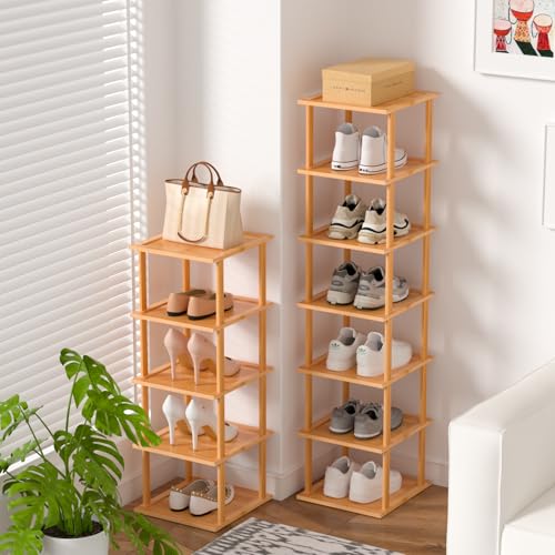 MHXW SXPN Bamboo Free Standing Shoe Rack Shelf Multi Tier Tall Wooden Stackable Shoes Rack Organizer for Closet Front Door Entrance Narrow Vertical Shoe Storage (Nature, 12 Tiers) - color: Nature, size: 12 Tiers