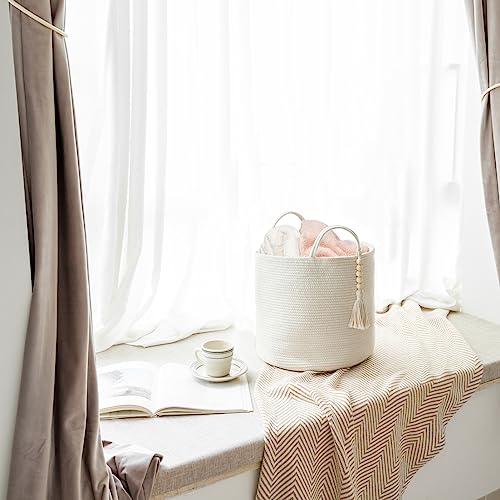 Mkono Woven Storage Basket with Handles Decorative Cotton Rope Basket Wooden Bead Decoration for Blankets,Toys,Clothes,Living Room Home Decor, 11", White - color: White, size: 11"W x 11"L