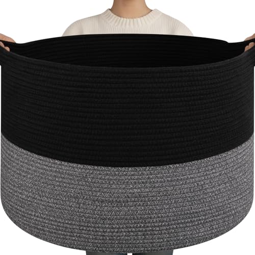 OIAHOMY 115L Extra Large Blanket Basket, 23.6" x 15.4" Woven Cotton Rope Laundry Basket for Organizing Pillows, Decorative Stuffed Animal Toy Storage Bin for Nursery, Black and Grey - color: Black and Grey, size: 23.6"D x 15.4"H