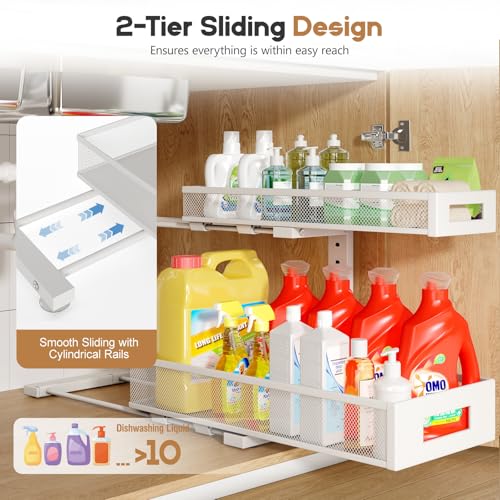 2 Pack 19IN Depth Under Sink Storage Organizer, Large 2-Tier Elegant Mesh Pull Out Shelf for Kitchen and Bathroom Cabinet Organization, L-Shaped and Adjustable Height Design-White - color: White, size: 2 Pack-19"Dx11.4"-16.14"H
