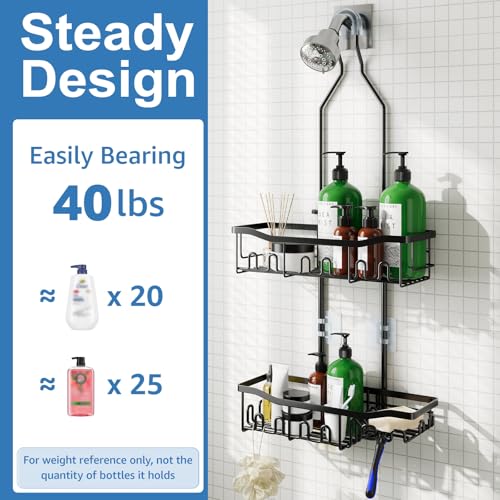 Upgraded Extended Length Shower Organizer with Hooks, Rustproof Shampoo Soap Holder, Large Hanging Bathroom Caddy - color: Black - 2 Tier - Standard