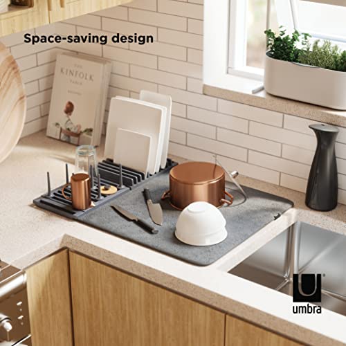 Umbra Udry Dish Rack with Movable Pegs and Microfiber Drying Mat – Space-Saving Design Folds Up for Easy Storage, Basic Rack, Dark Grey - color: Gray, style: Rack with Pegs