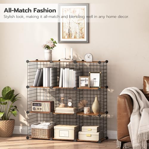HOOBRO Floating Shelves for Wall and Wire Cube Storage Organizer, Wall Mounted Shelf Set of 2, 9-Cube Shelves, Modular Shelves with Metal Grid, DIY Closet Cabinet, BF80BJP201-BF09CW01