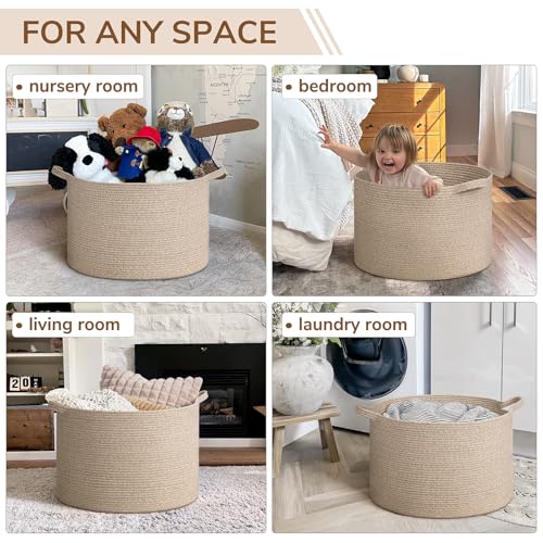 INDRESSME XXXLarge Blanket Basket for Living Room 21.7" x 21.7" x 13.8"-Storage Basket with Handle for Organizing Toy Pillows Woven Wicker Laundry Basket Stuffed Animal Toy Storage for Play Room - color: Light Brown, size: 21.7"D x 13.8"H