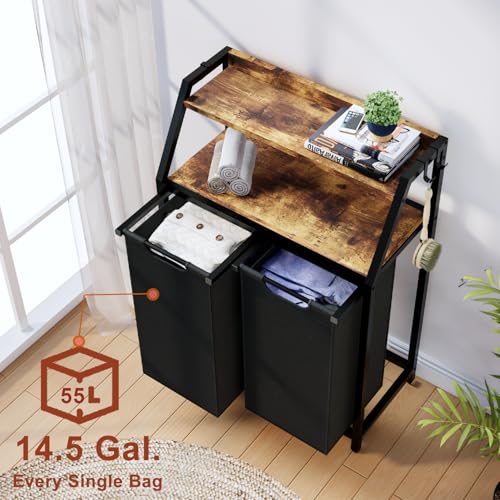 Timberer Laundry Hamper, Laundry Sorter 2 Section, Rolling Laundry Basket with Wheels, 2 Shelves, 2 × 14.5 Gal, Pull-Out and Removable Oxford Fabric Bags, for Laundry Room,Black and Rustic Brown - color: Black + Rustic Brown, size: 2 Bags (27.5"L x 12.9"W