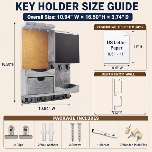 Key Holder Wall Mount， Mail Organizer Key Holder for Wall with Shelf, Drawer, Chalkboard, Corkboard, Home Decor Wall Mounted for Room Entryway(Grey) - color: Gray, size: Vertical