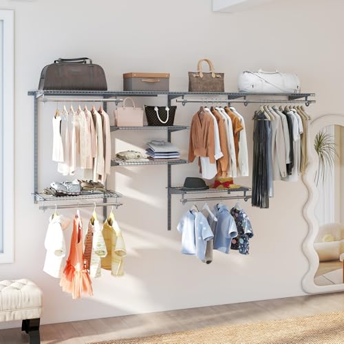 Giantex Closet Organizer System, Wall-mounted Custom Closet Kit w/Adjustable Storage Shelves, Wardrobe Clothes Rack w/Hanging Rods, Perfect for Coats, Pillows, Blanket (Gray, 98.5"x13.5"x48) - color: Gray, size: 98.5"x13.5"x48