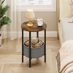 Vagusicc Round Side Table End Table with Storage Basket, Small Side Table Round Nightstand for Small Spaces, Tall Oval End Table with Steel Frame, Coffee Bedside Table for Living Room, Rustic Brown - color: Rustic Brown