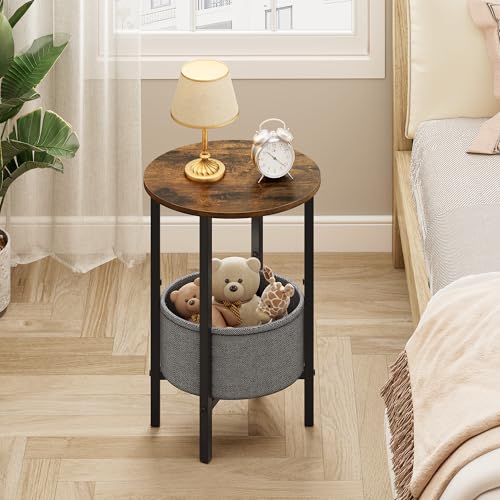 Vagusicc Round Side Table End Table with Storage Basket, Small Side Table Round Nightstand for Small Spaces, Tall Oval End Table with Steel Frame, Coffee Bedside Table for Living Room, Rustic Brown - color: Rustic Brown