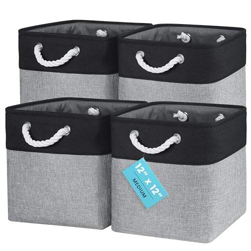 OrganiHaus 12x12 Cube Storage Bins 4 Pack, Foldable Cube Storage Organizer w/ Rope Handles, Collapsible Fabric Bins for Toys, Clothes & Closet Organization, Fabric Square Baskets - Gray/Black - color: Gray Base / Black, size: 4 pcs (12x12)