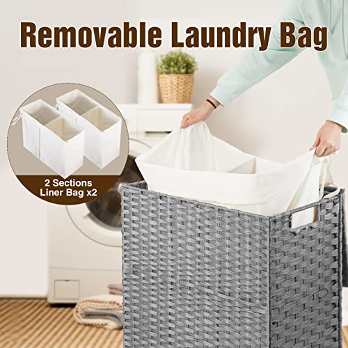 Greenstell Laundry Hamper with 2 Removable Liner Bags - 90L Divided Clothes Hamper, Handwoven Synthetic Rattan Foldable Laundry Basket with Lid and Handles Gray (18.3x13.3x24.0Inches) - color: Gray, size: 90L (18.3x13.3x24.0 Inches)