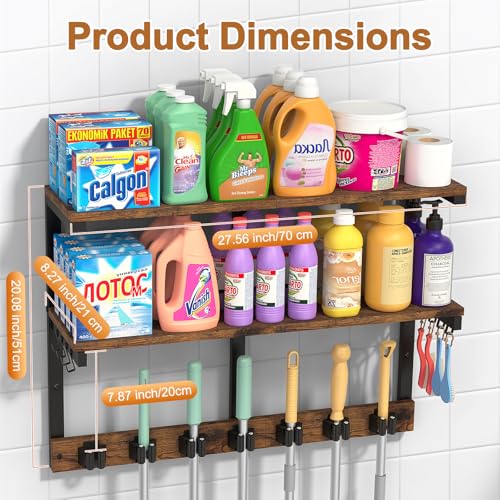 Housolution 2 Tier Broom Holder Wall Mount with Cleaning Supplies Organizer, 100 LBS High Load-Bearing Laundry Room Storage Shelves, Multifunctional Mop Hanger Rack with 7 Grippers & 8 Hooks - size: 2 Tiers