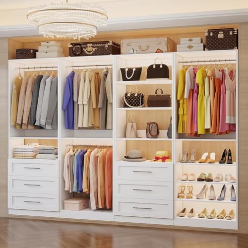 Closet System with 4 Sets, 8–21 FT Closet System with 6 Drawers, 9 Shelves & 8 Hanging Rods, Max 252″ Closet Organizer System for Walk in Closets, Modular Custom Wood Closet Kit, White