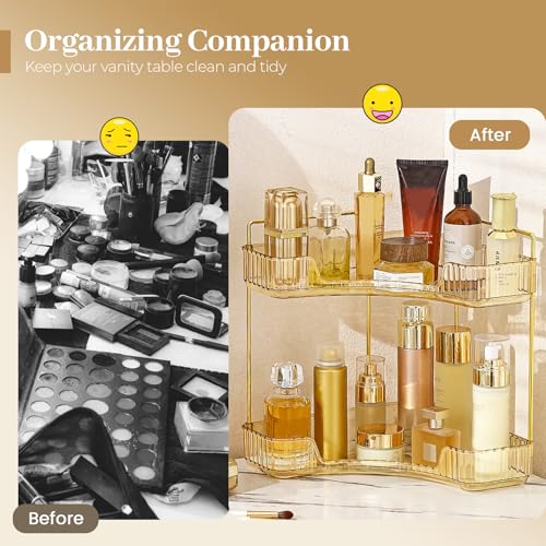 Aveniee Corner Bathroom Counter Organizer, Bathroom Countertop Shelf Makeup Organizer for Vanity Perfume Tray for Corner Storage (2 Tiers, Gold) - color: Amber Gold, size: 2 Tier