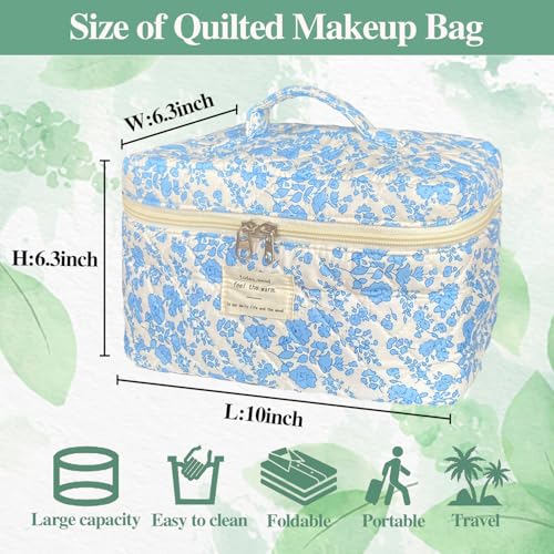 Blue Large Quilted Floral Makeup Bag Cute Soft Coquette Aesthetic Cosmetic Bag Cotton Travel Toiletry Bag for Women - color: A-Blue