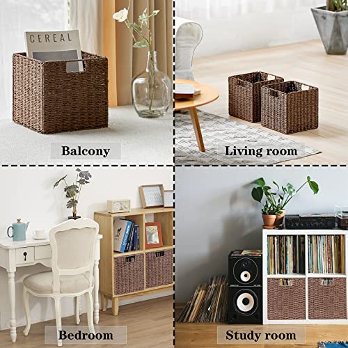 Vagusicc Wicker Basket, Set of 2 Hand-Woven Paper Rope Storage Baskets for Organizing, Foldable Cubby Storage Bins, 11 Inch Large Wicker Storage Basket, Square Baskets Cube Storage Organizer, Brown - color: Brown, size: 11'' x 11'' x 11''