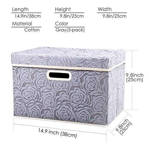 PRANDOM Collapsible Storage Boxes with Lids Fabric Decorative Storage Bins Cubes Organizer Containers Baskets with Cover Handles Divider for Bedroom Closet Living Room 14.9x9.8x9.8 Inch 3 Pack - color: Gray, size: Medium(3-Pack)